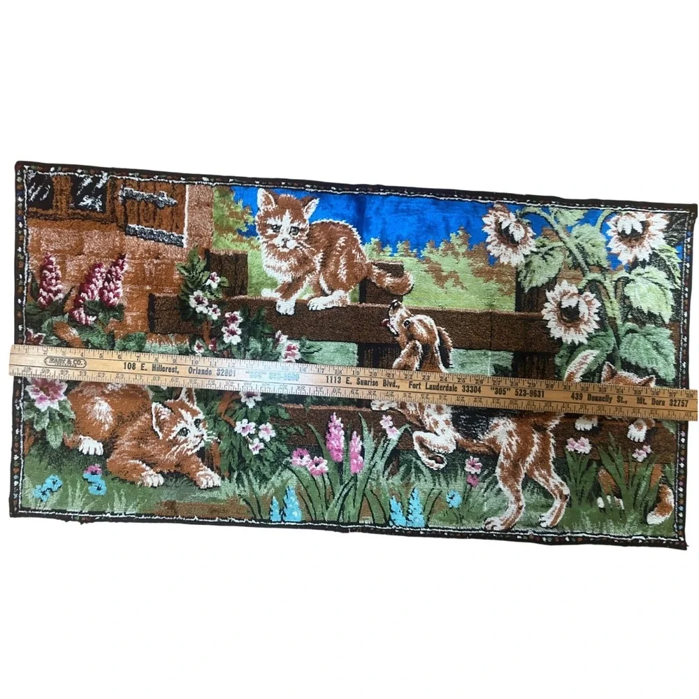 Vintage Velvet Tapestry Kittens Beagle Dog Garden Wall Hanging 38x19 Retro Decor
